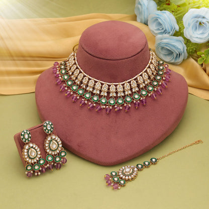 Stylish Light Purple Color Kundan Necklace Set For Ethnic Bridal Collection