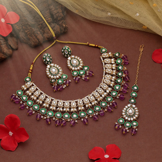 Stylish Light Purple Color Kundan Necklace Set For Ethnic Bridal Collection