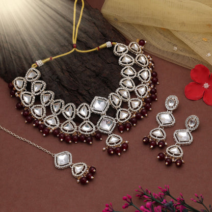 Beautiful Maroon Color Kundan Necklace Set For Women Festive Occasions