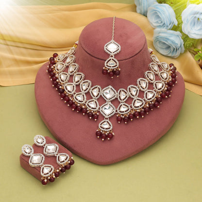 Beautiful Maroon Color Kundan Necklace Set For Women Festive Occasions
