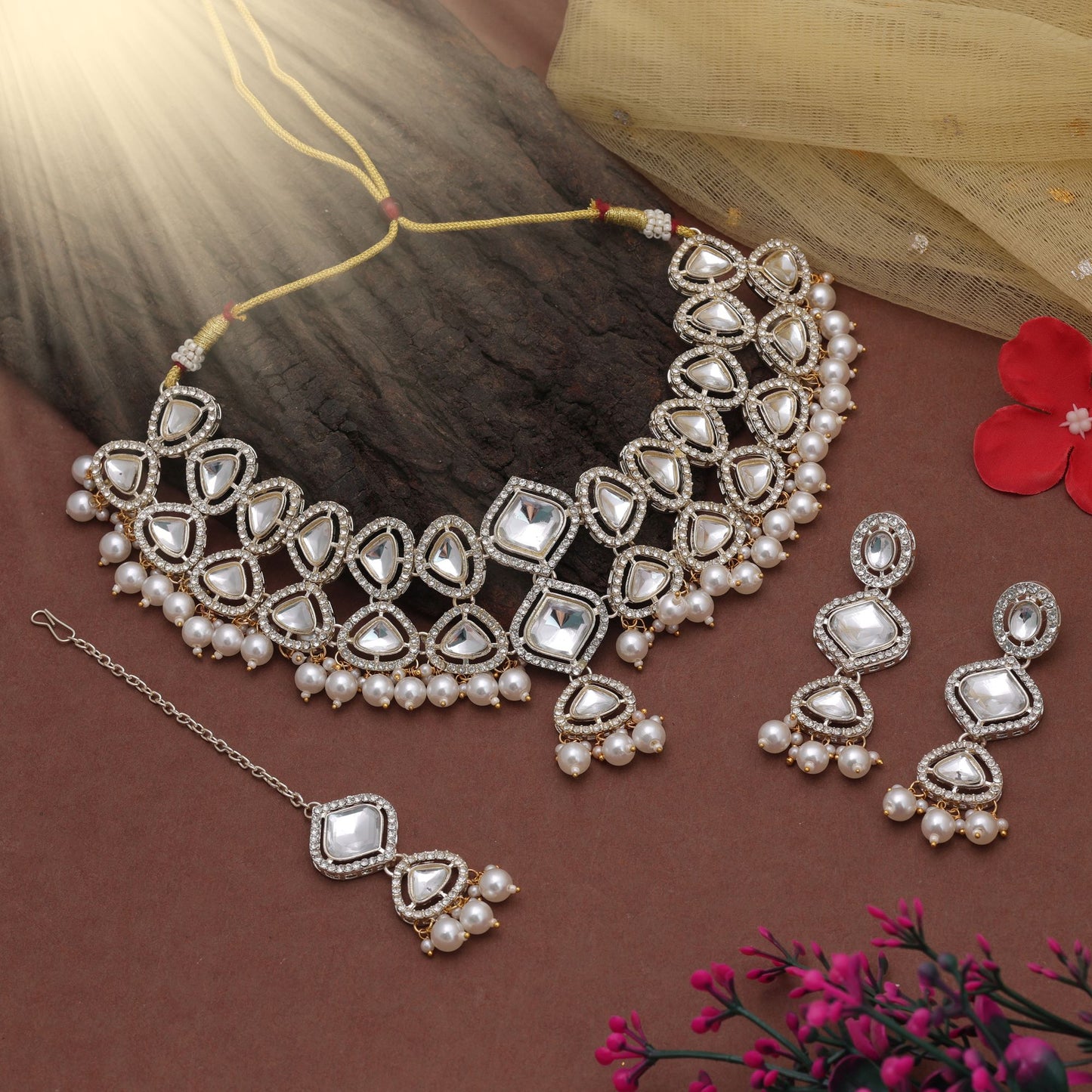 Royal White Color Kundan Necklace Set With Designer Traditional Party Style