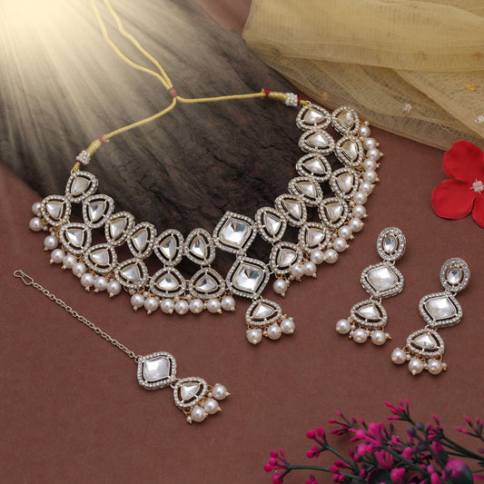 Royal White Color Kundan Necklace Set With Designer Traditional Party Style