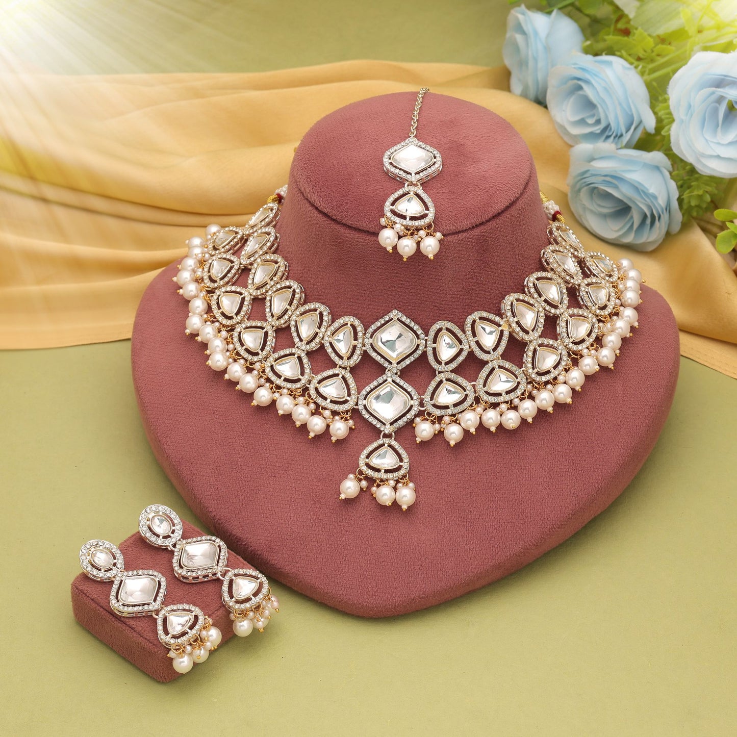 Royal White Color Kundan Necklace Set With Designer Traditional Party Style