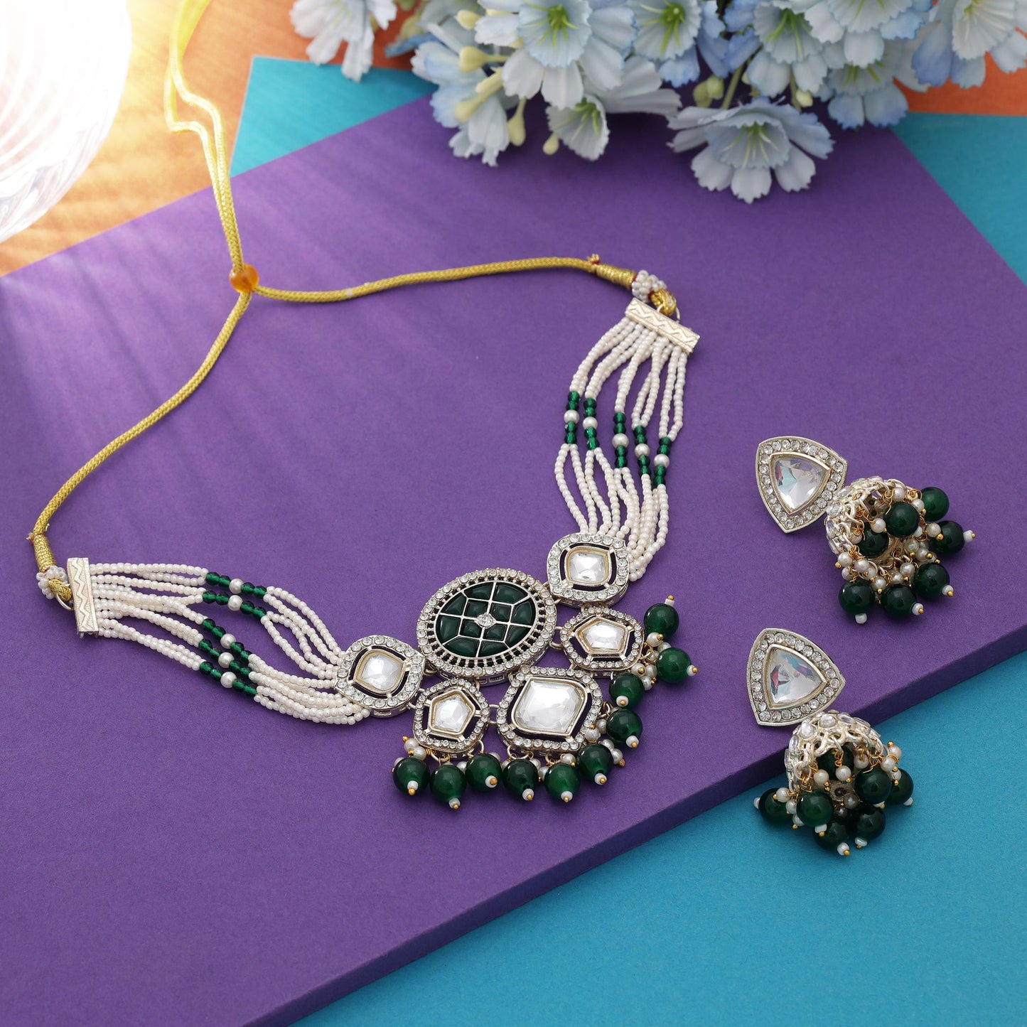 Elegant Green Color Choker Kundan Necklace Set For Bridal Festive Styling