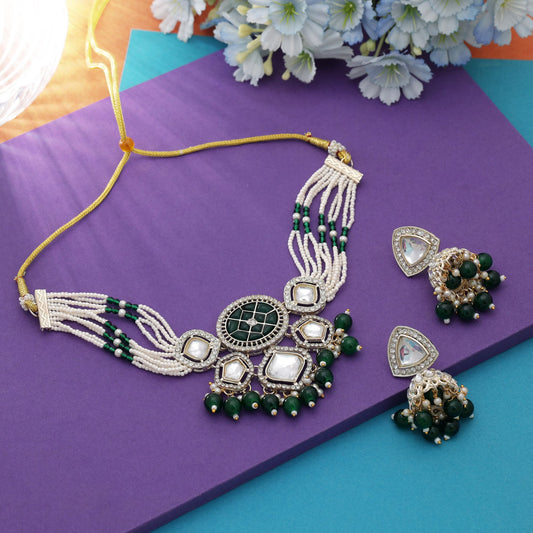 Elegant Green Color Choker Kundan Necklace Set For Bridal Festive Styling