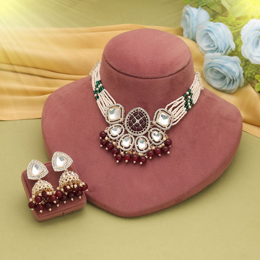 Stylish Maroon Color Choker Kundan Necklace Set With Royal Ethnic Touch