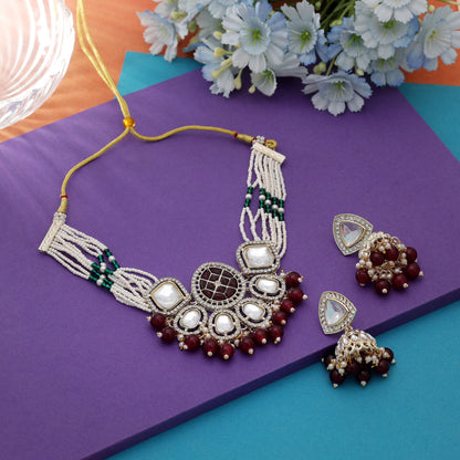 Stylish Maroon Color Choker Kundan Necklace Set With Royal Ethnic Touch