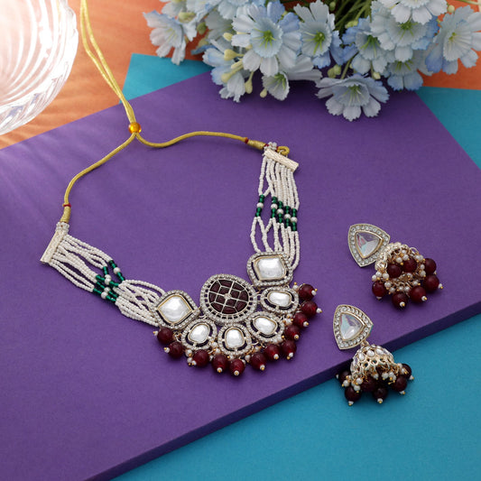 Stylish Maroon Color Choker Kundan Necklace Set With Royal Ethnic Touch