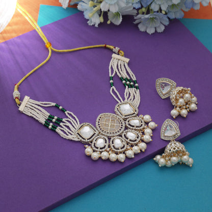 Premium White Color Choker Kundan Necklace Set With Traditional Party Elegance