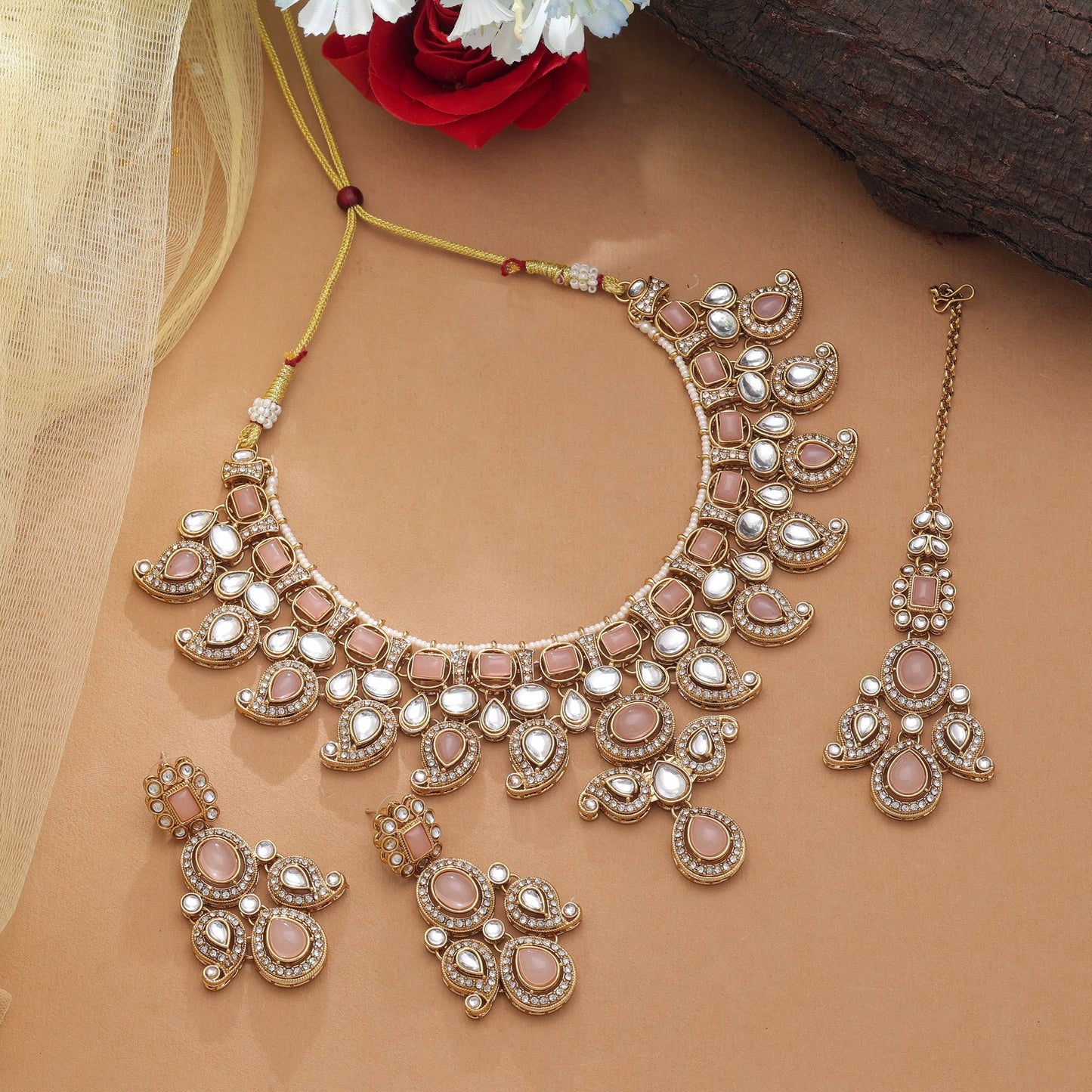 Graceful Light Pink Color Kundan Necklace Set With Royal Jewellery Rani Haar Style