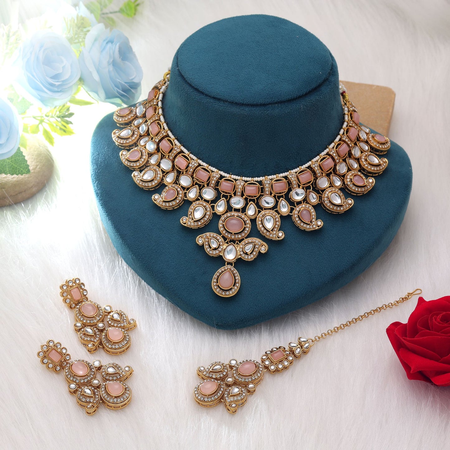 Graceful Light Pink Color Kundan Necklace Set With Royal Jewellery Rani Haar Style