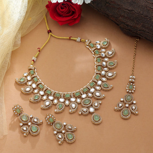 Premium Pista Green Color Kundan Necklace Set With Designer Jewellery Rani Haar