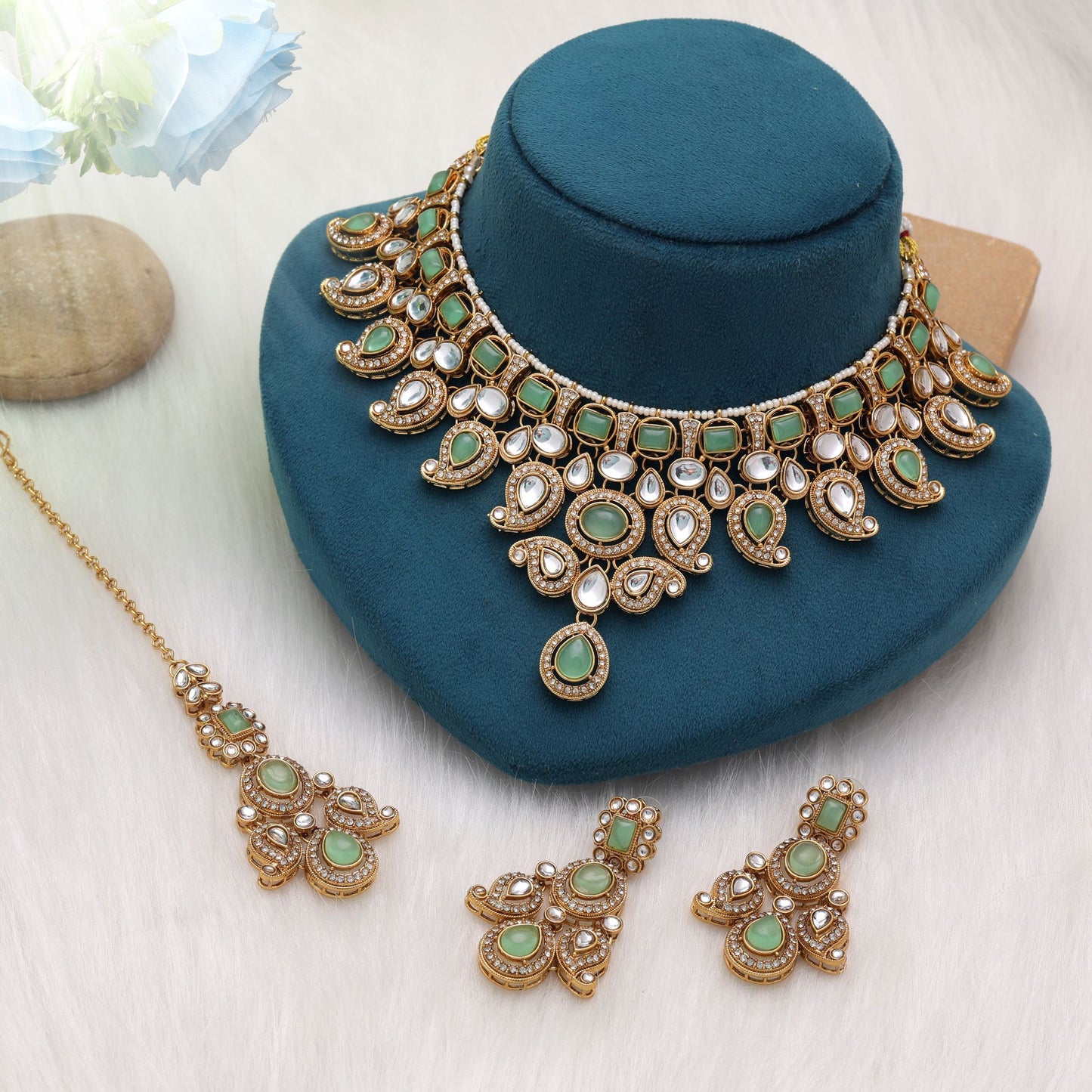Premium Pista Green Color Kundan Necklace Set With Designer Jewellery Rani Haar