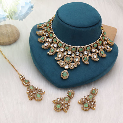 Premium Pista Green Color Kundan Necklace Set With Designer Jewellery Rani Haar