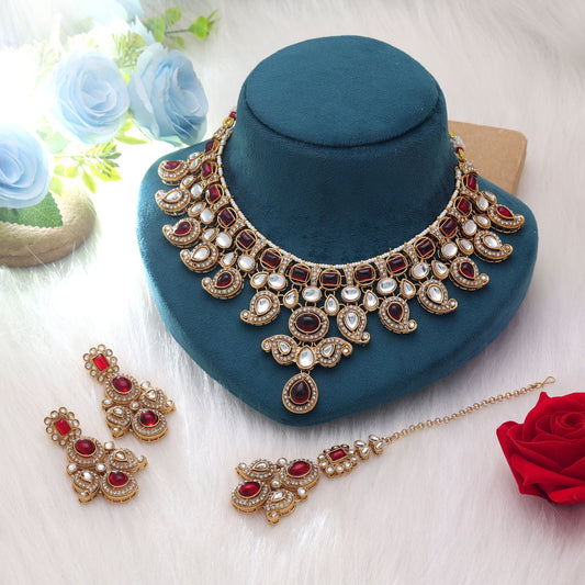 Stunning Red Color Kundan Necklace Set With Festive Jewellery Rani Haar Look