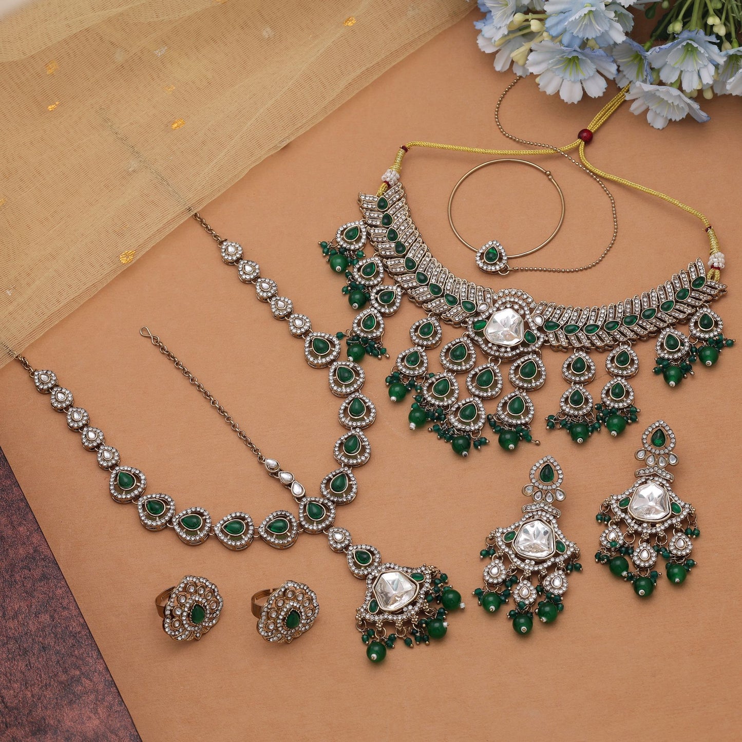 Exquisite Green Color Kundan Necklace Set With Authentic Jewellery Rani Haar Design