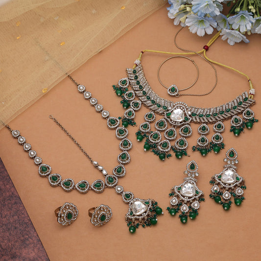 Exquisite Green Color Kundan Necklace Set With Authentic Jewellery Rani Haar Design