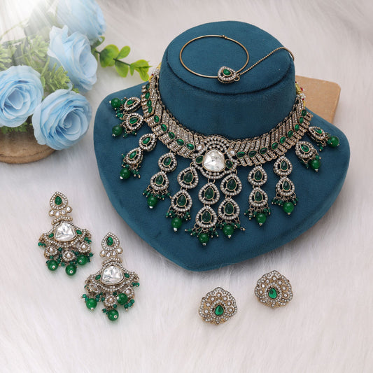 Exquisite Green Color Kundan Necklace Set With Authentic Jewellery Rani Haar Design