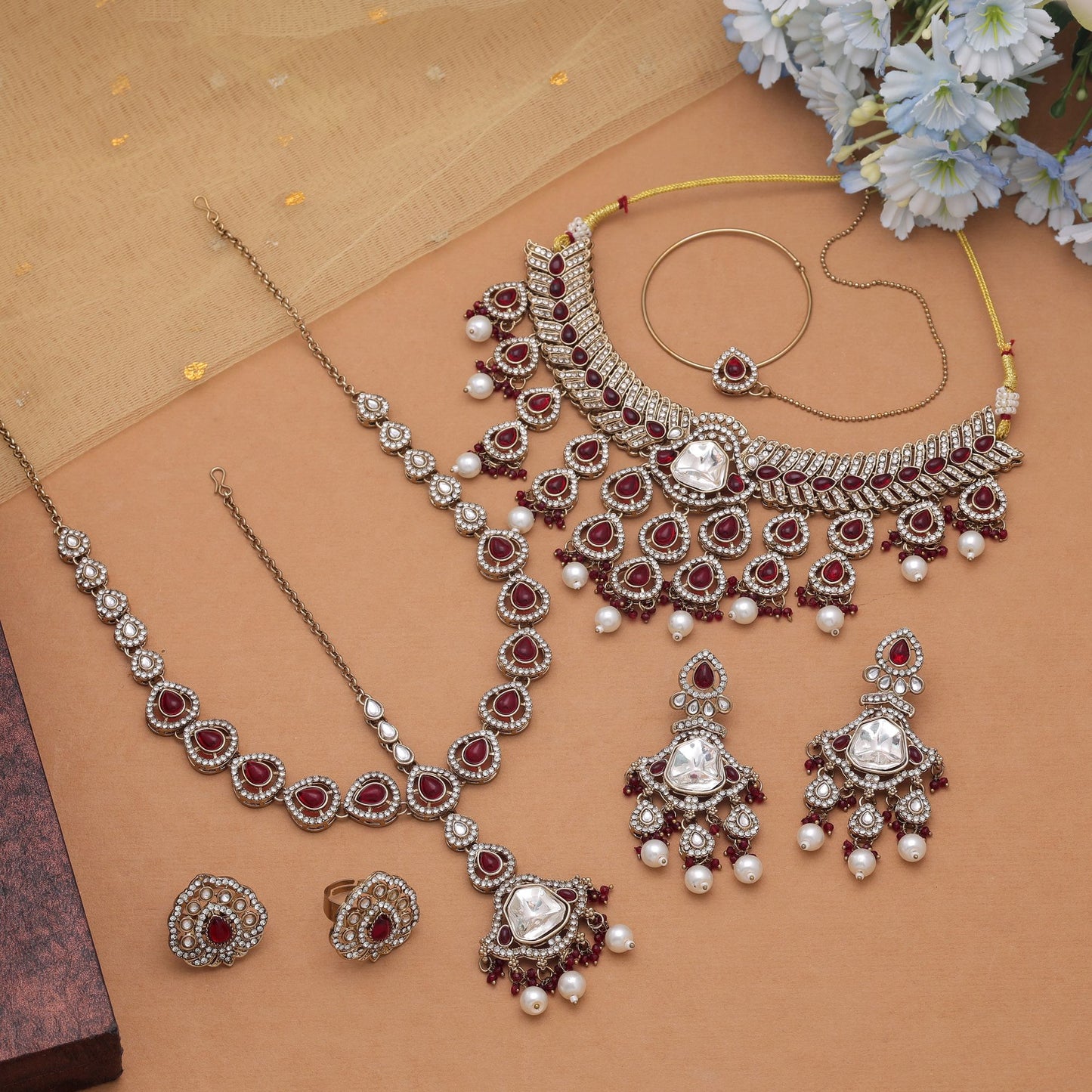 Beautiful Red Color Kundan Necklace Set Crafted In Jewellery Rani Haar Style