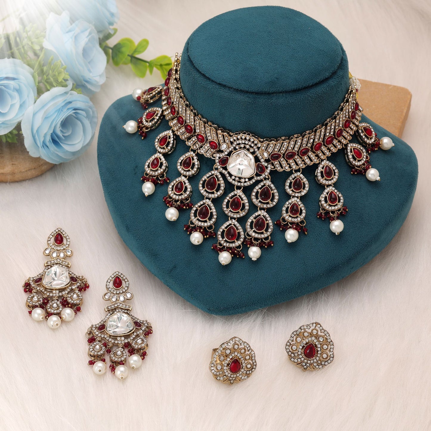 Beautiful Red Color Kundan Necklace Set Crafted In Jewellery Rani Haar Style