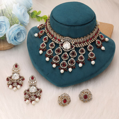 Beautiful Red Color Kundan Necklace Set Crafted In Jewellery Rani Haar Style