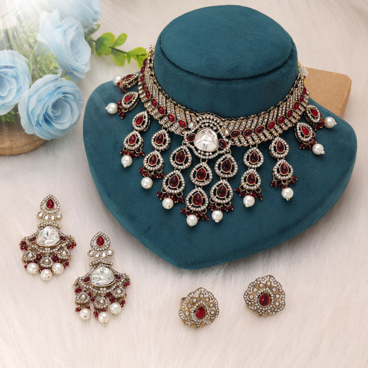 Beautiful Red Color Kundan Necklace Set Crafted In Jewellery Rani Haar Style