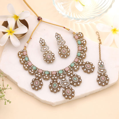 Light Pink & Light Green Color Kundan Jewellery Set with Elegant Festive Style