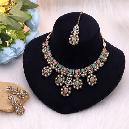 Light Pink & Light Green Color Kundan Jewellery Set with Elegant Festive Style