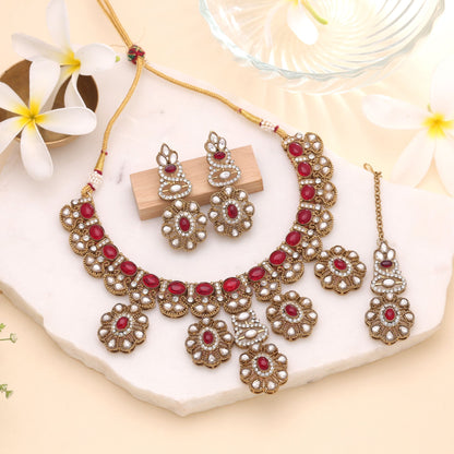 Red Color Kundan Jewellery Set with Elegant Wedding Traditional Fashion Appeal