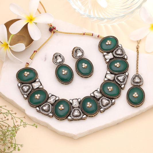 Green Color Kundan Jewellery Set Crafted with Premium Traditional Designer Appeal