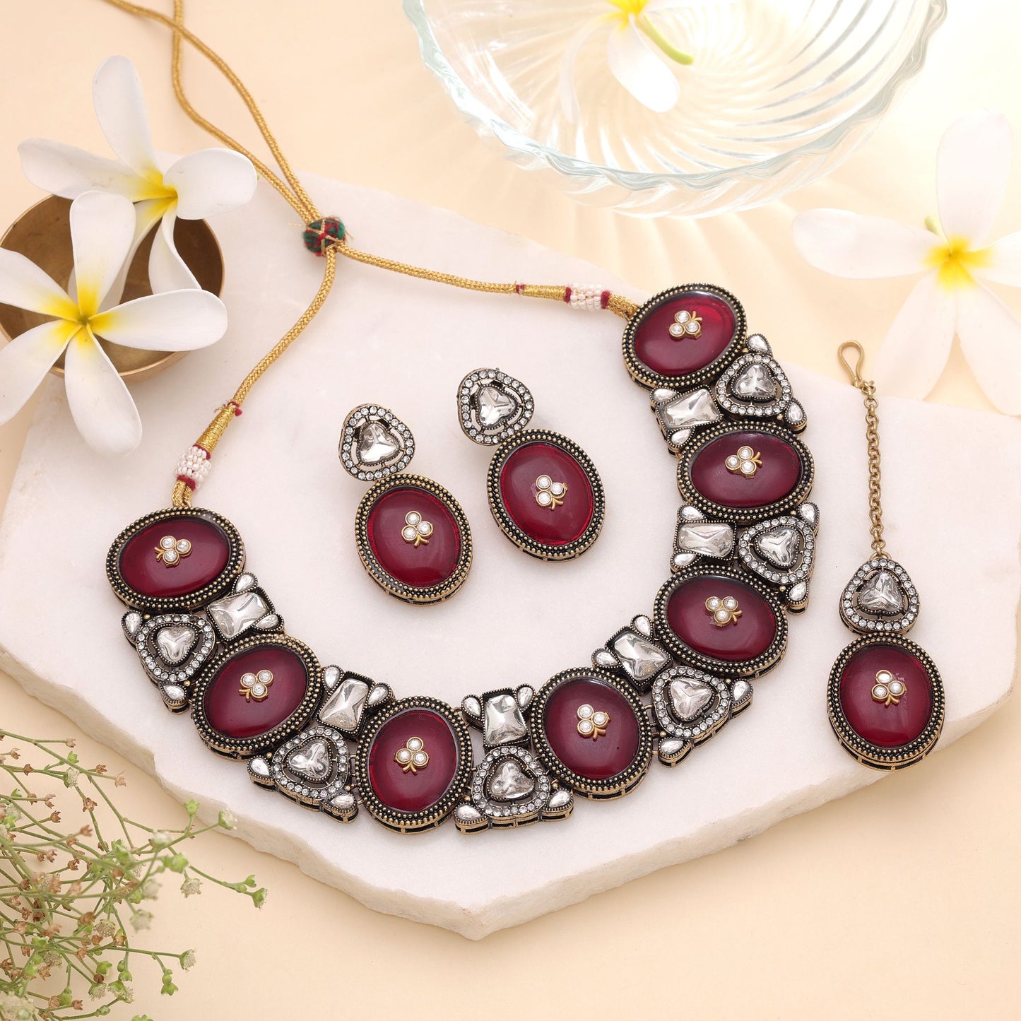 Maroon Color Kundan Jewellery Set with Royal Ethnic Wedding Fashion Finish