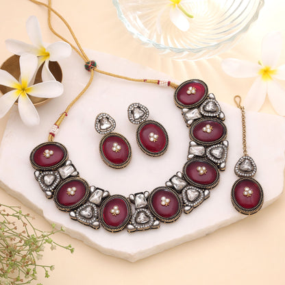 Maroon Color Kundan Jewellery Set with Royal Ethnic Wedding Fashion Finish