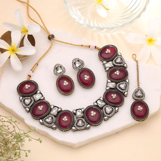 Maroon Color Kundan Jewellery Set with Royal Ethnic Wedding Fashion Finish