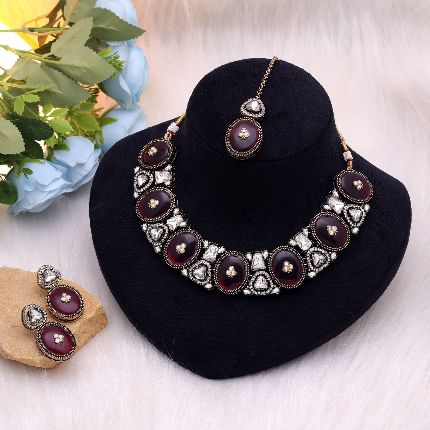 Maroon Color Kundan Jewellery Set with Royal Ethnic Wedding Fashion Finish