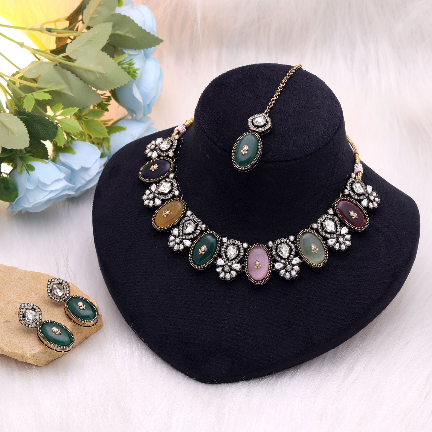 Multi Color Kundan Jewellery Set Featuring Elegant Party Wear Traditional Style