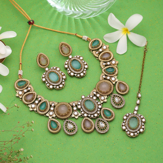 Light Pink & Light Green Color Kundan Jewellery Set Featuring Elegant Handmade Design