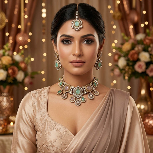 Light Pink & Light Green Color Kundan Jewellery Set Featuring Elegant Handmade Design
