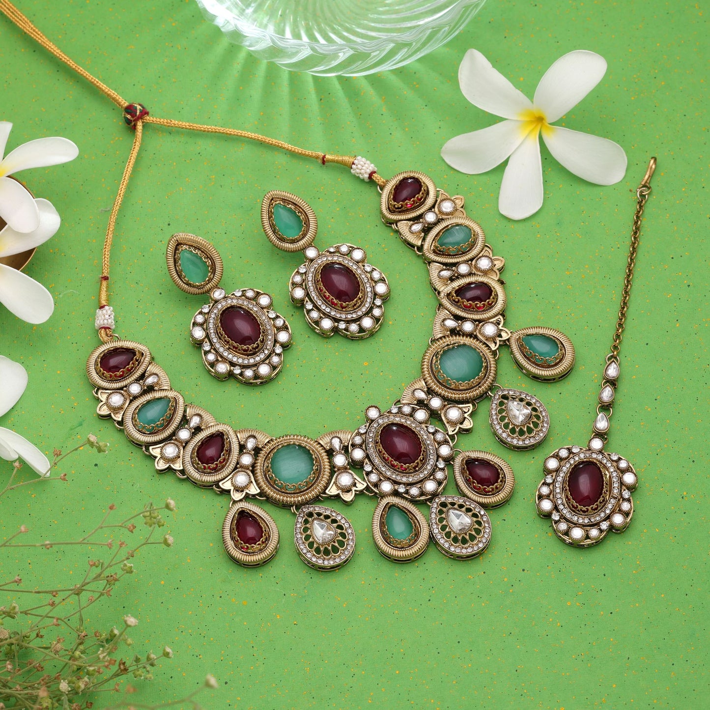 Maroon & Light Green Color Kundan Jewellery Set with Royal Traditional Appeal