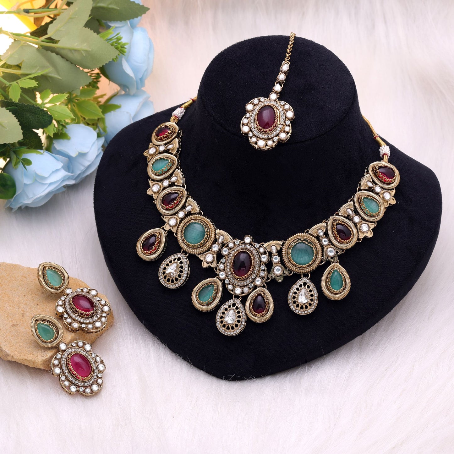 Maroon & Light Green Color Kundan Jewellery Set with Royal Traditional Appeal