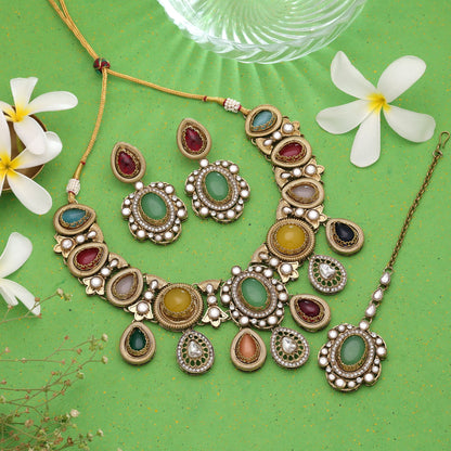 Multi Color Kundan Jewellery Set Crafted for Stylish Festive Ethnic Wear