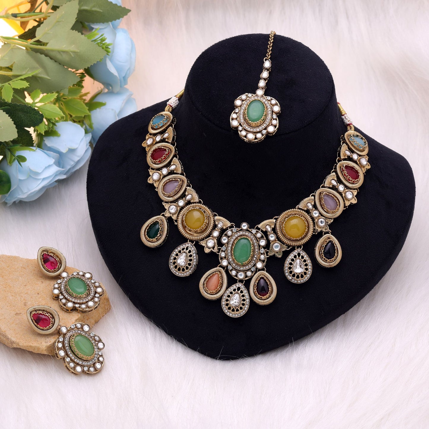 Multi Color Kundan Jewellery Set Crafted for Stylish Festive Ethnic Wear