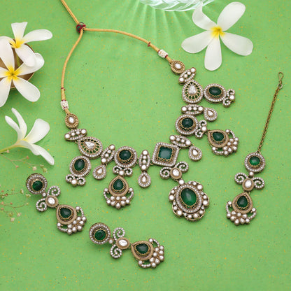 Green Color Kundan Jewellery Set with Elegant Handmade Traditional Designer Finish