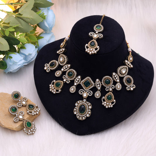 Green Color Kundan Jewellery Set with Elegant Handmade Traditional Designer Finish