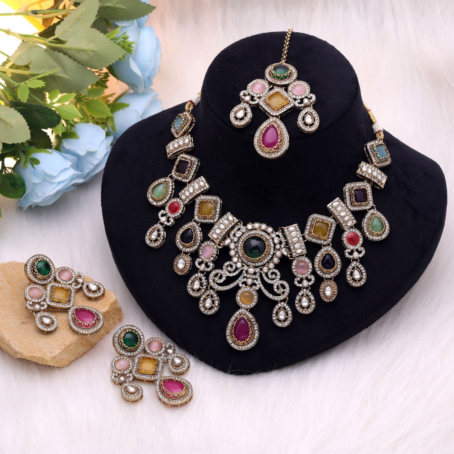 Multi Color Kundan Jewellery Set with Stylish Ethnic Festive Fashion Appeal