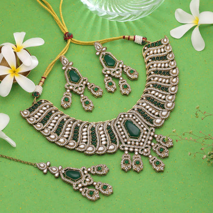 Green Color Kundan Jewellery Set with Premium Elegant Wedding Wear Design