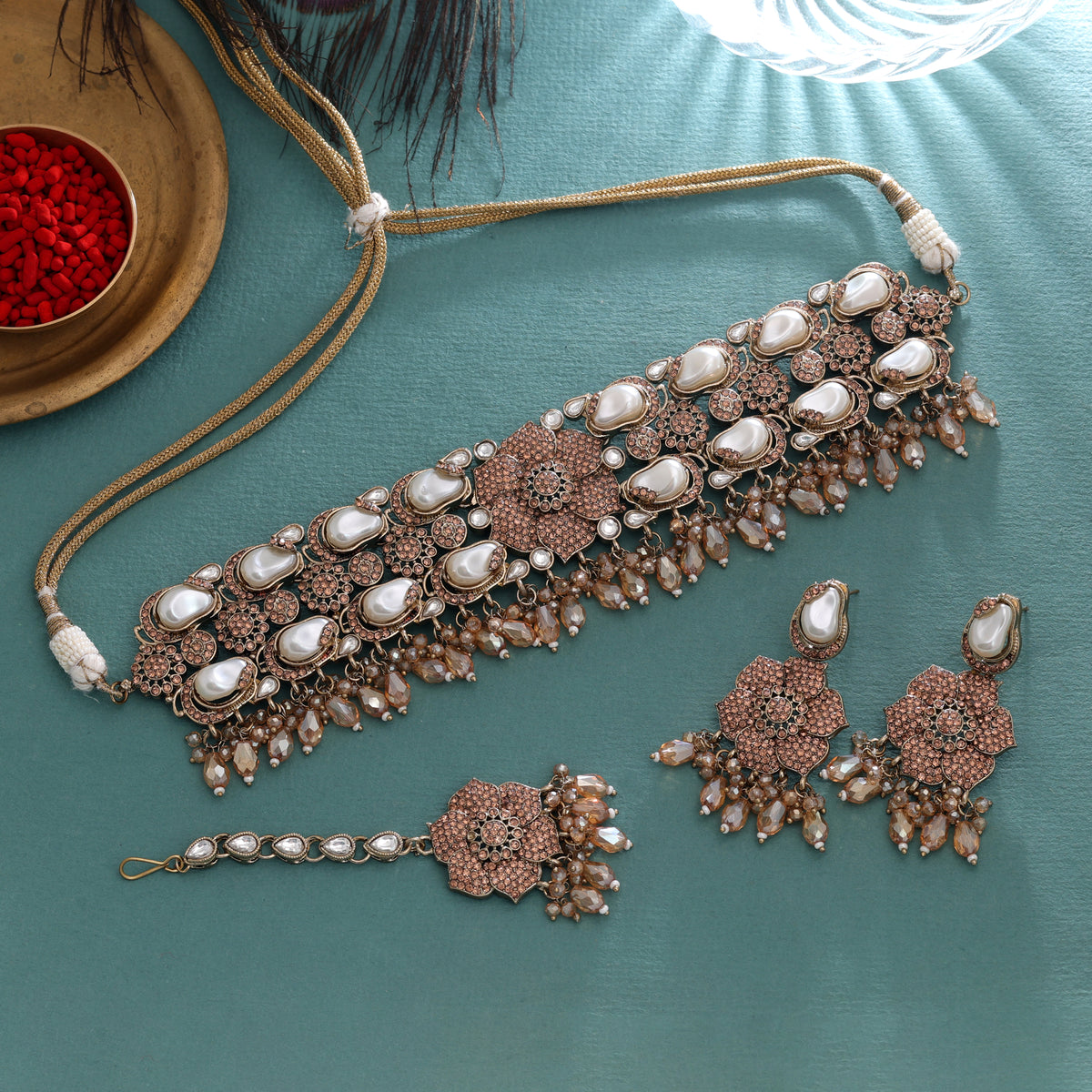 Royal Antique Gold Color Turkish Kundan Necklace Set For Traditional Indian Celebrations