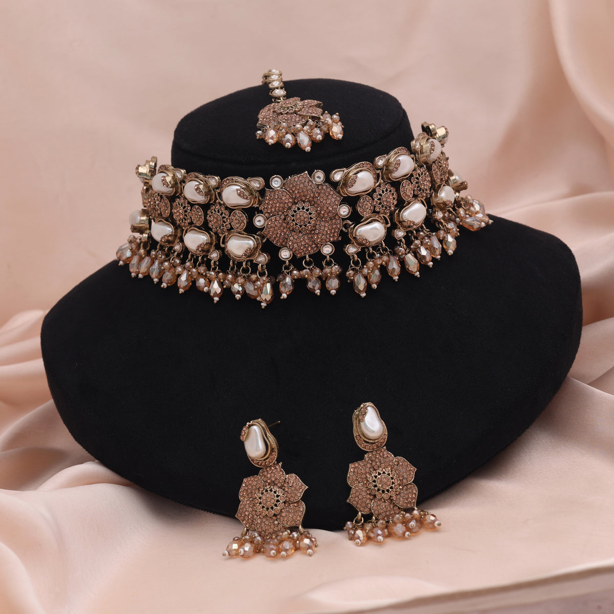Royal Antique Gold Color Turkish Kundan Necklace Set For Traditional Indian Celebrations