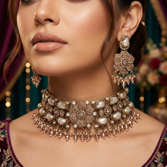 Royal Antique Gold Color Turkish Kundan Necklace Set For Traditional Indian Celebrations