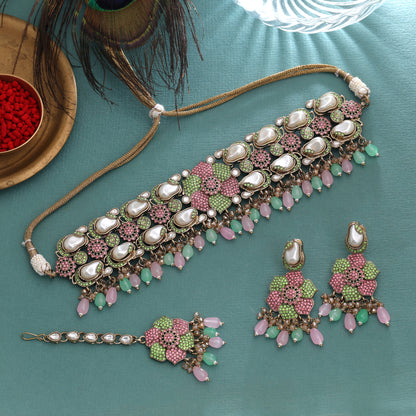 Pastel Light Green Light Pink Color Turkish Kundan Necklace Set For Spring Functions