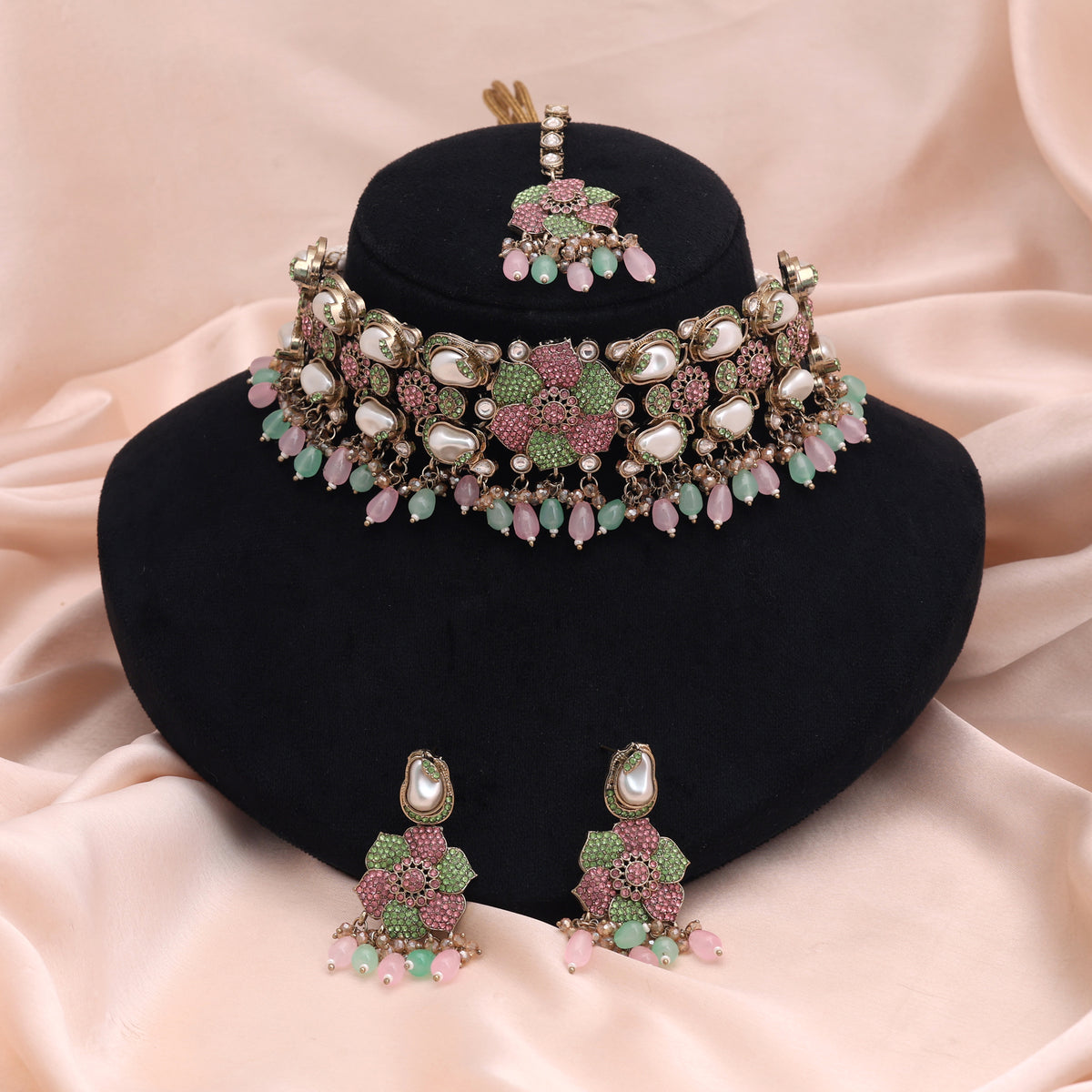 Pastel Light Green Light Pink Color Turkish Kundan Necklace Set For Spring Functions